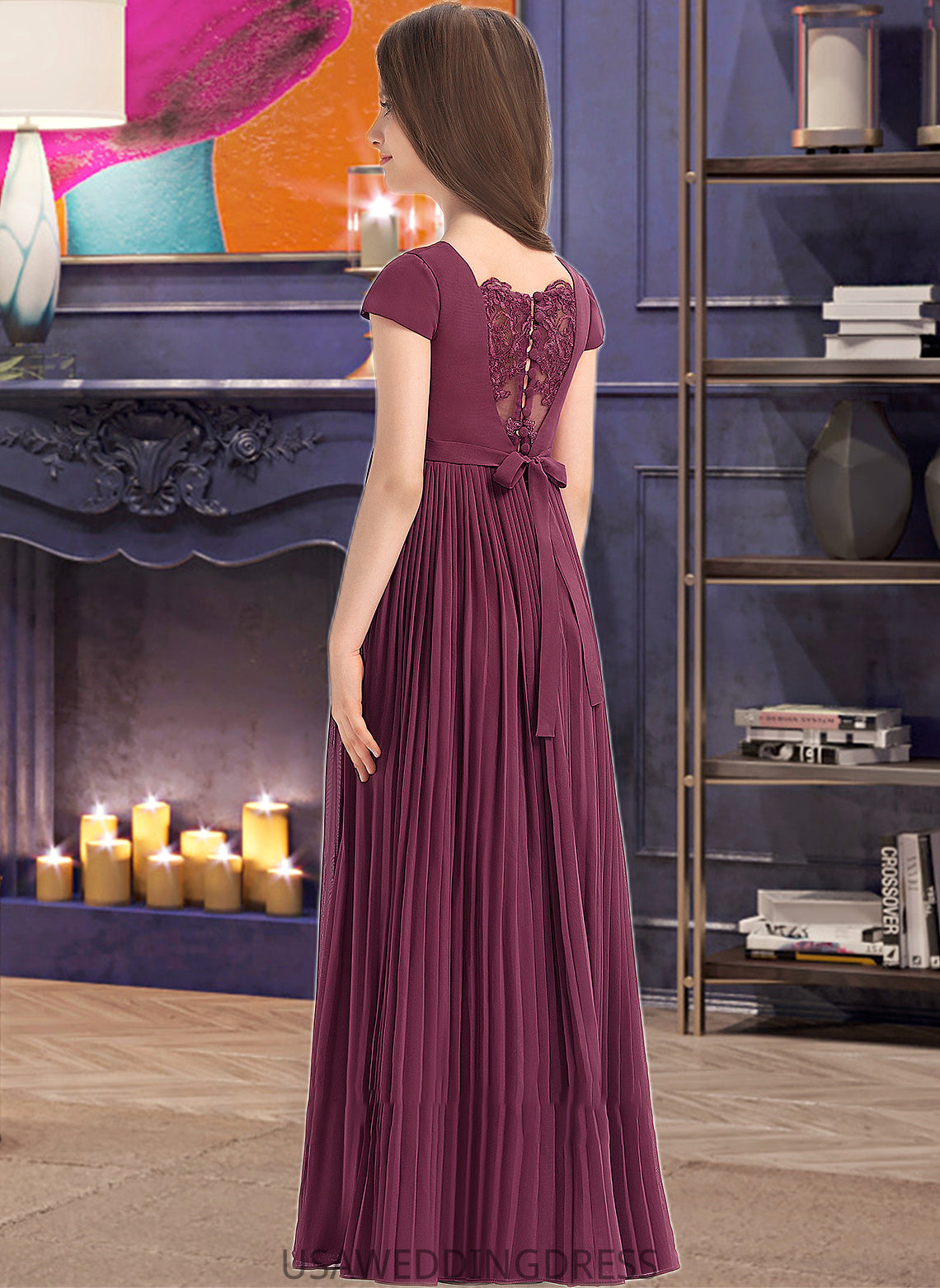 Meredith A-Line Square Neckline Floor-Length Chiffon Junior Bridesmaid Dress With Lace Bow(s) Pleated DSP0013576