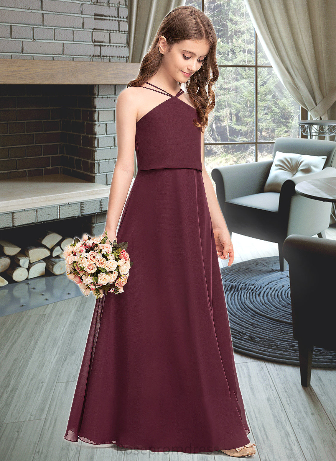 Brooklynn A-Line V-neck Floor-Length Chiffon Junior Bridesmaid Dress SRSP0013577