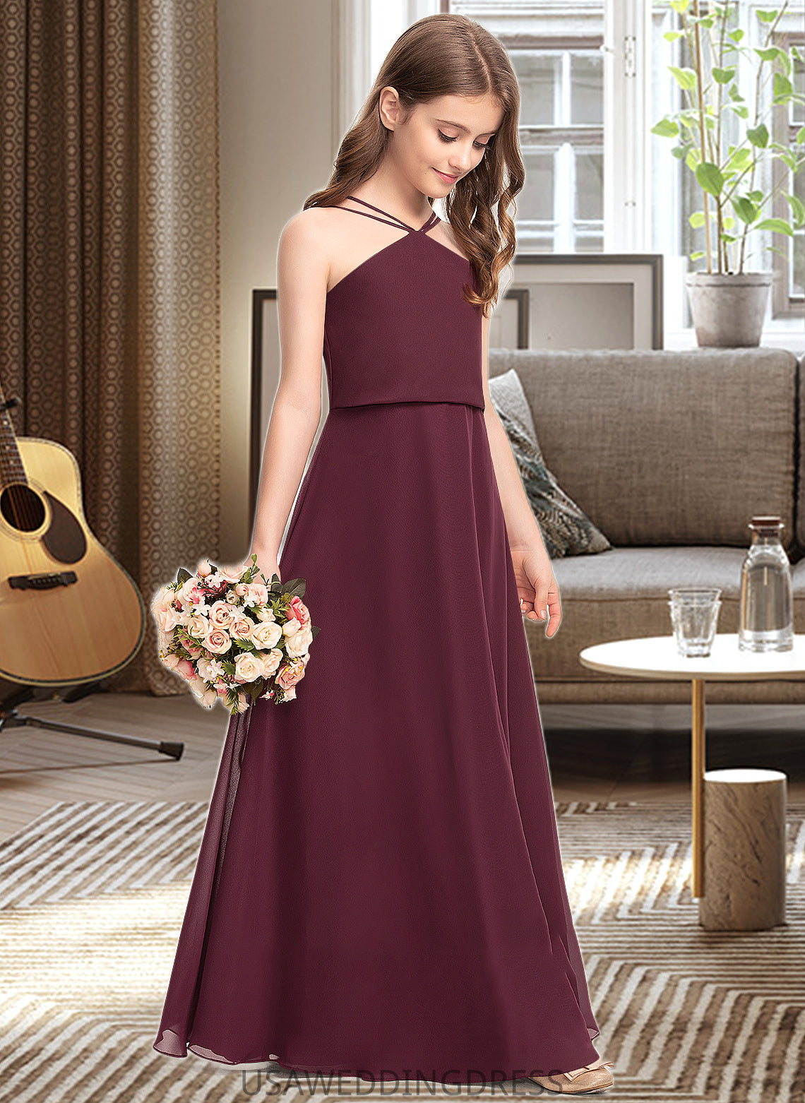 Ann A-Line V-neck Floor-Length Chiffon Junior Bridesmaid Dress DSP0013577