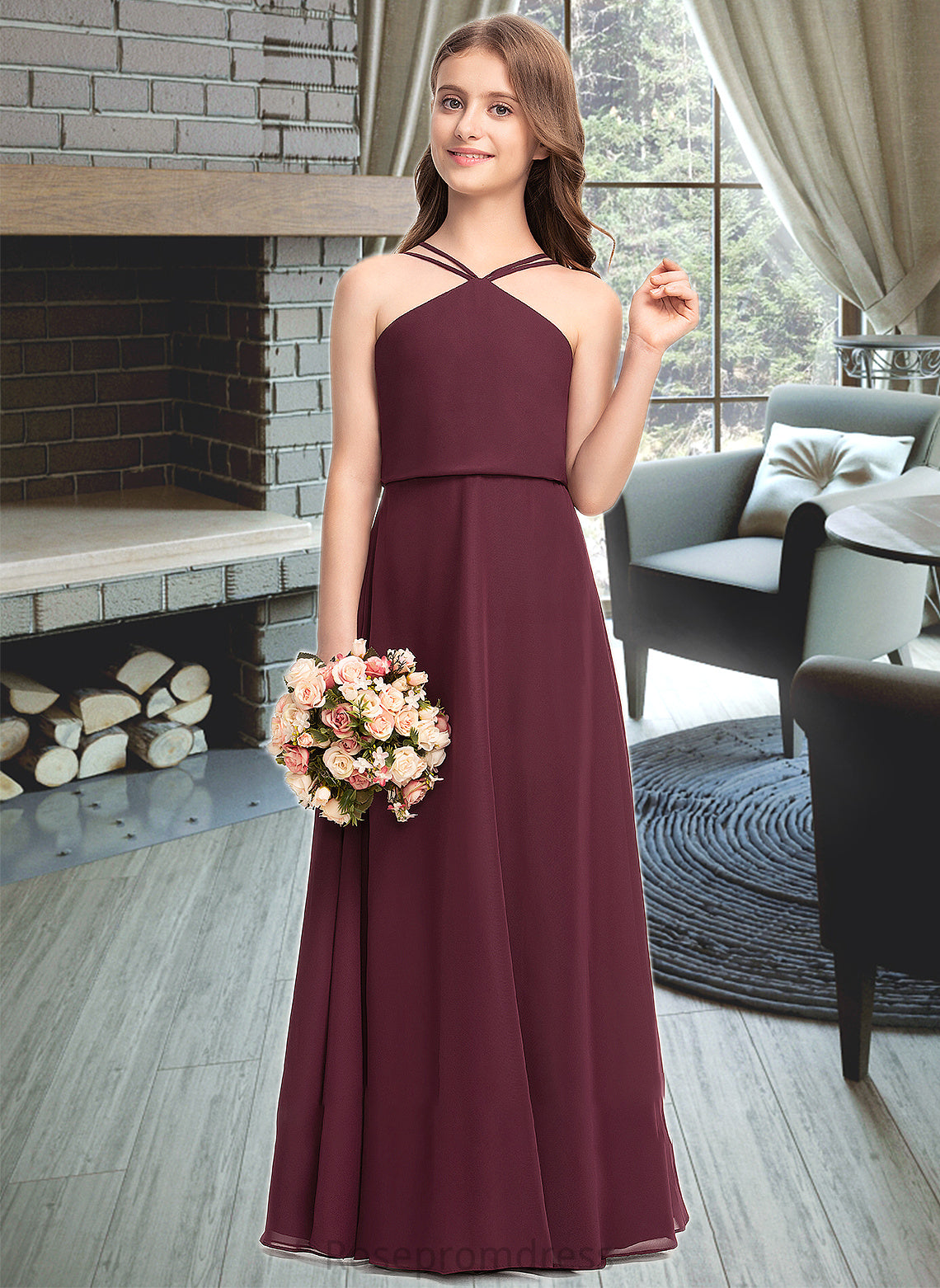 Brooklynn A-Line V-neck Floor-Length Chiffon Junior Bridesmaid Dress SRSP0013577