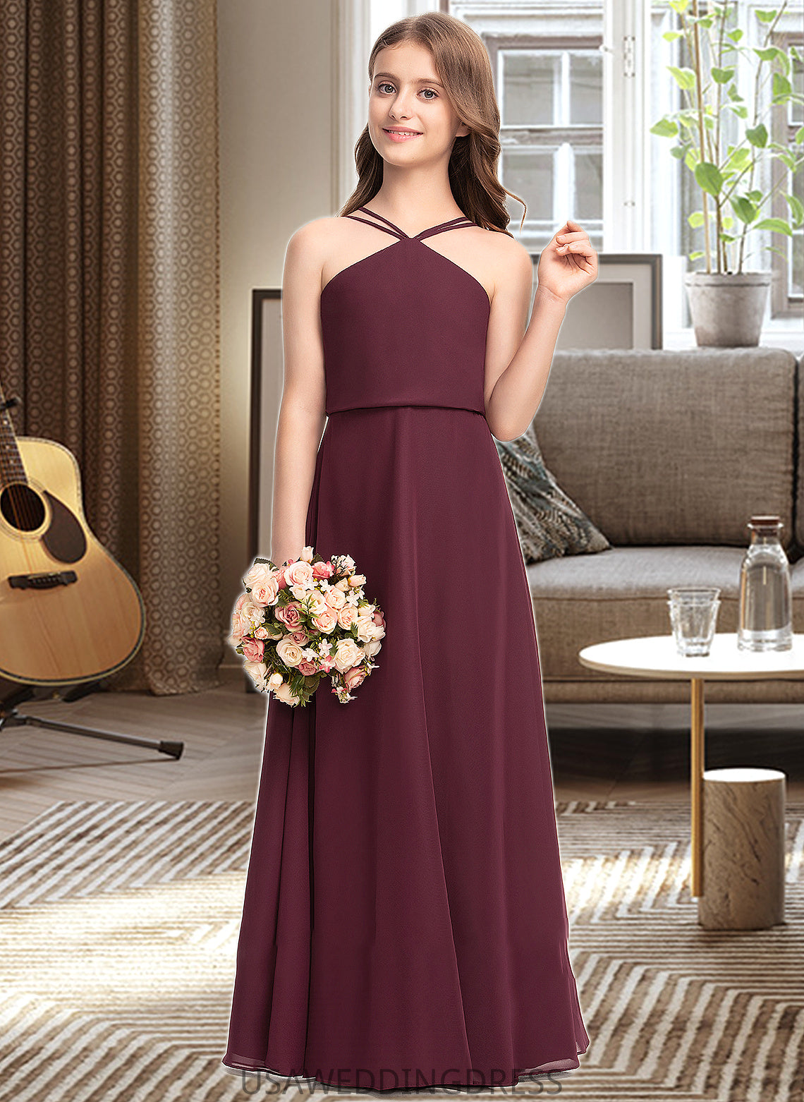 Ann A-Line V-neck Floor-Length Chiffon Junior Bridesmaid Dress DSP0013577