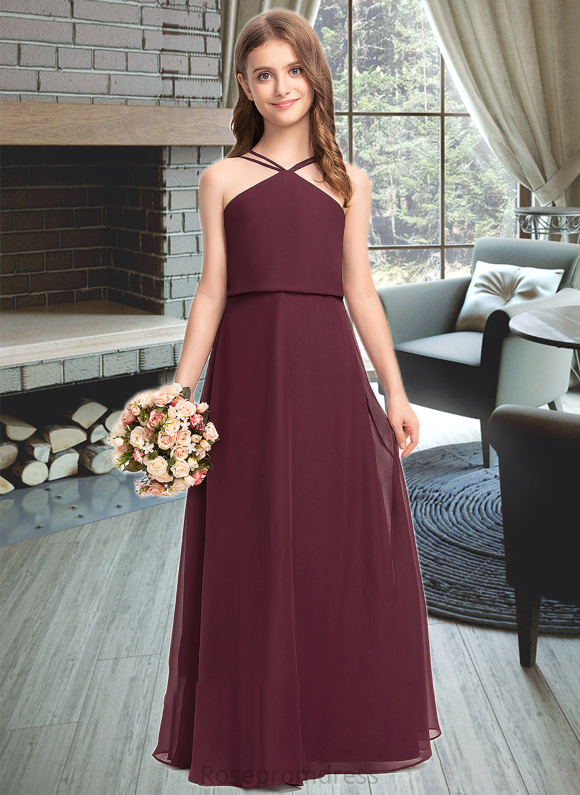 Brooklynn A-Line V-neck Floor-Length Chiffon Junior Bridesmaid Dress SRSP0013577