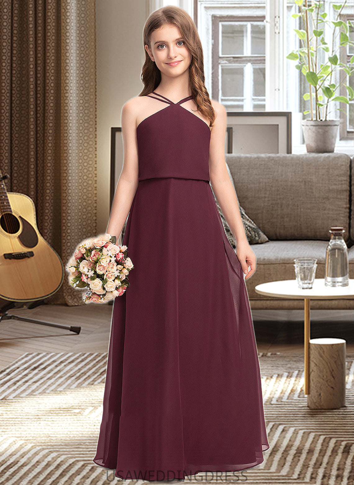 Ann A-Line V-neck Floor-Length Chiffon Junior Bridesmaid Dress DSP0013577