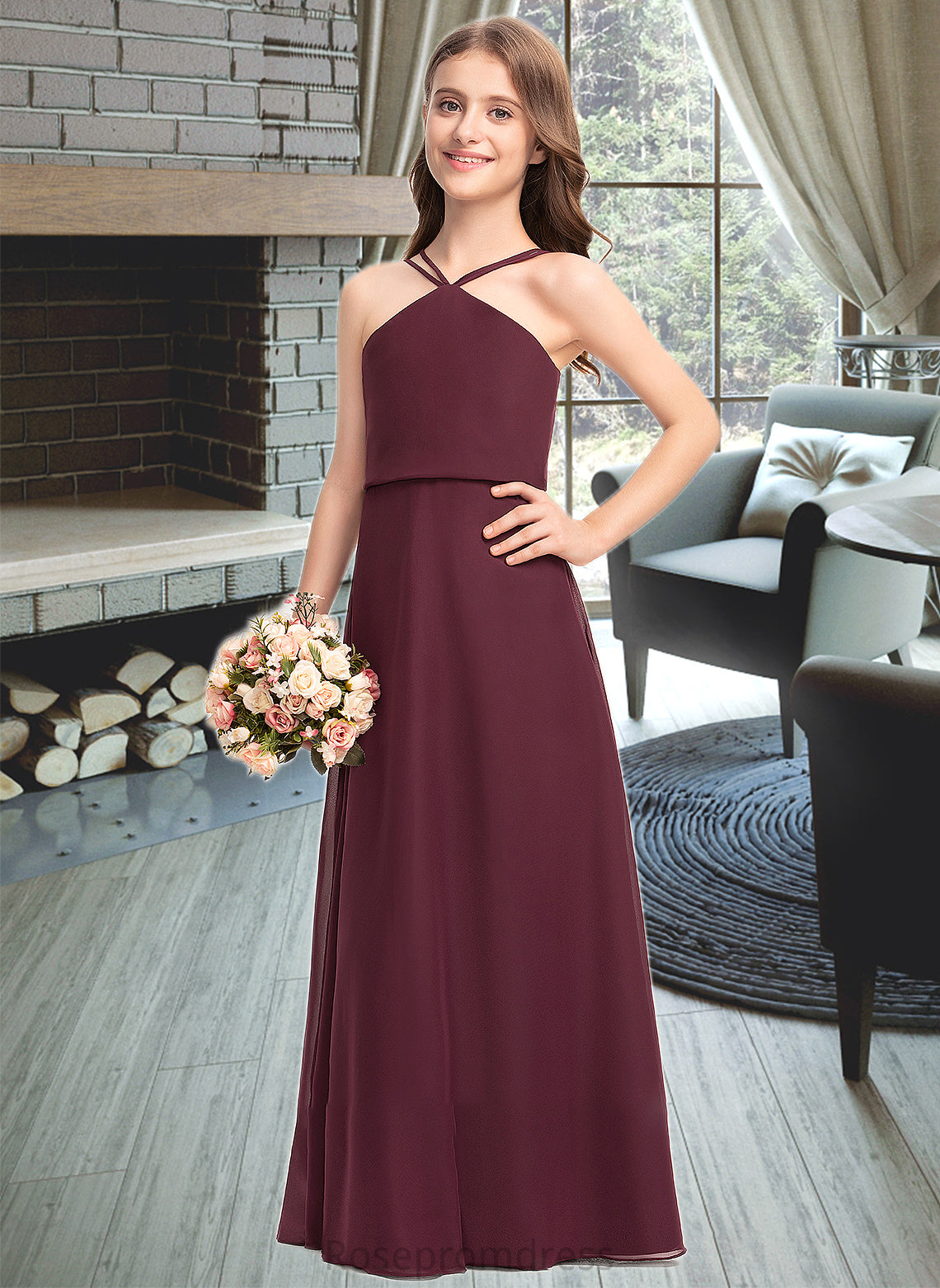 Brooklynn A-Line V-neck Floor-Length Chiffon Junior Bridesmaid Dress SRSP0013577