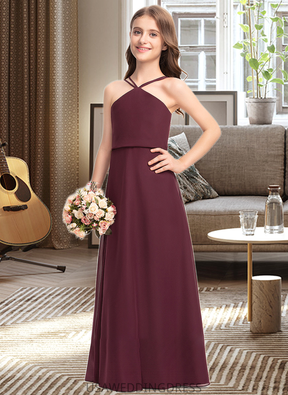 Ann A-Line V-neck Floor-Length Chiffon Junior Bridesmaid Dress DSP0013577