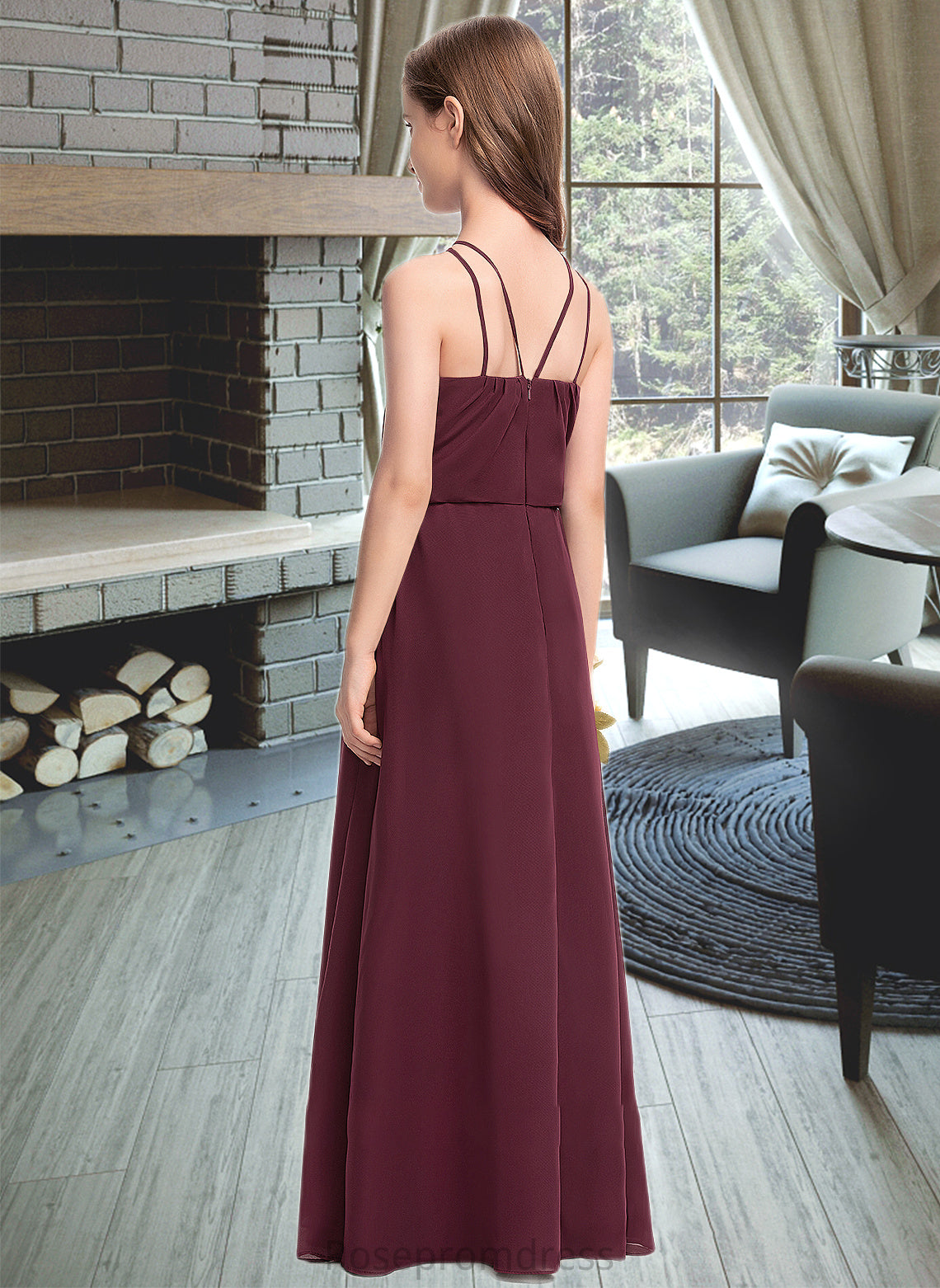 Brooklynn A-Line V-neck Floor-Length Chiffon Junior Bridesmaid Dress SRSP0013577