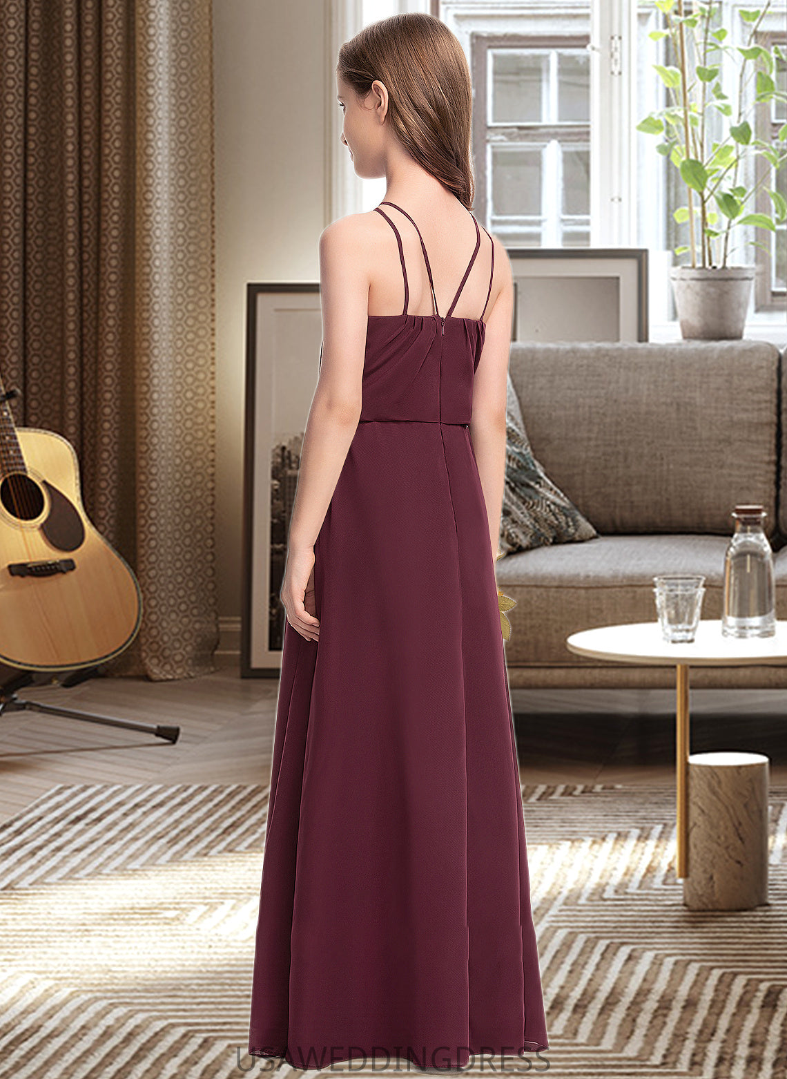 Ann A-Line V-neck Floor-Length Chiffon Junior Bridesmaid Dress DSP0013577