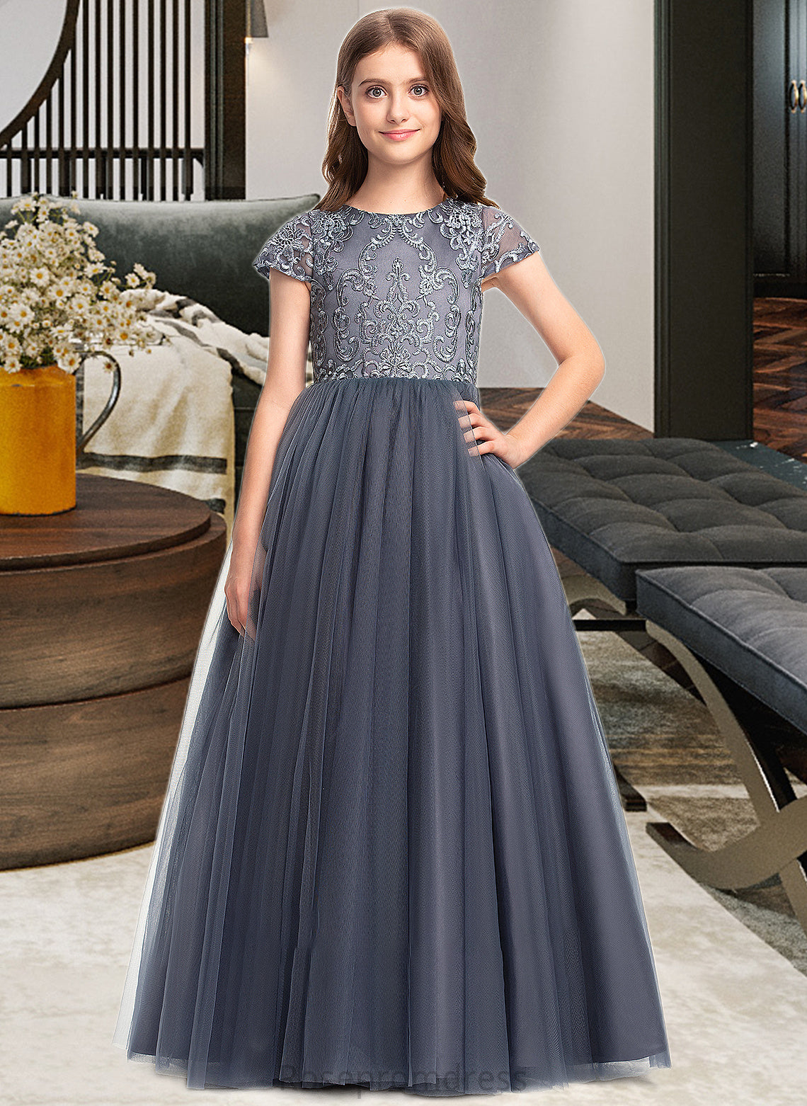 Phoenix Ball-Gown/Princess Scoop Neck Floor-Length Tulle Lace Junior Bridesmaid Dress SRSP0013578