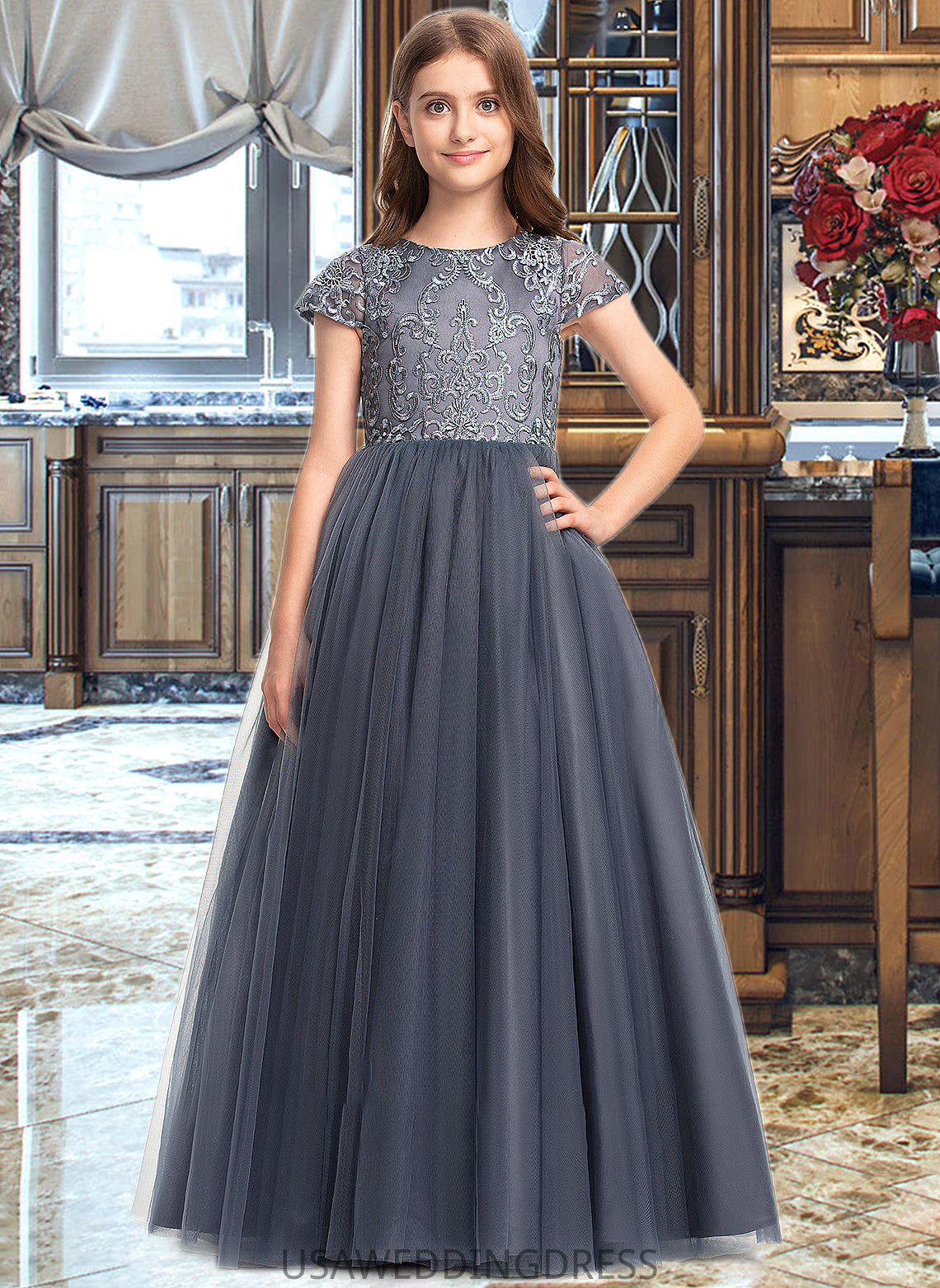 Isabella Ball-Gown/Princess Scoop Neck Floor-Length Tulle Lace Junior Bridesmaid Dress DSP0013578