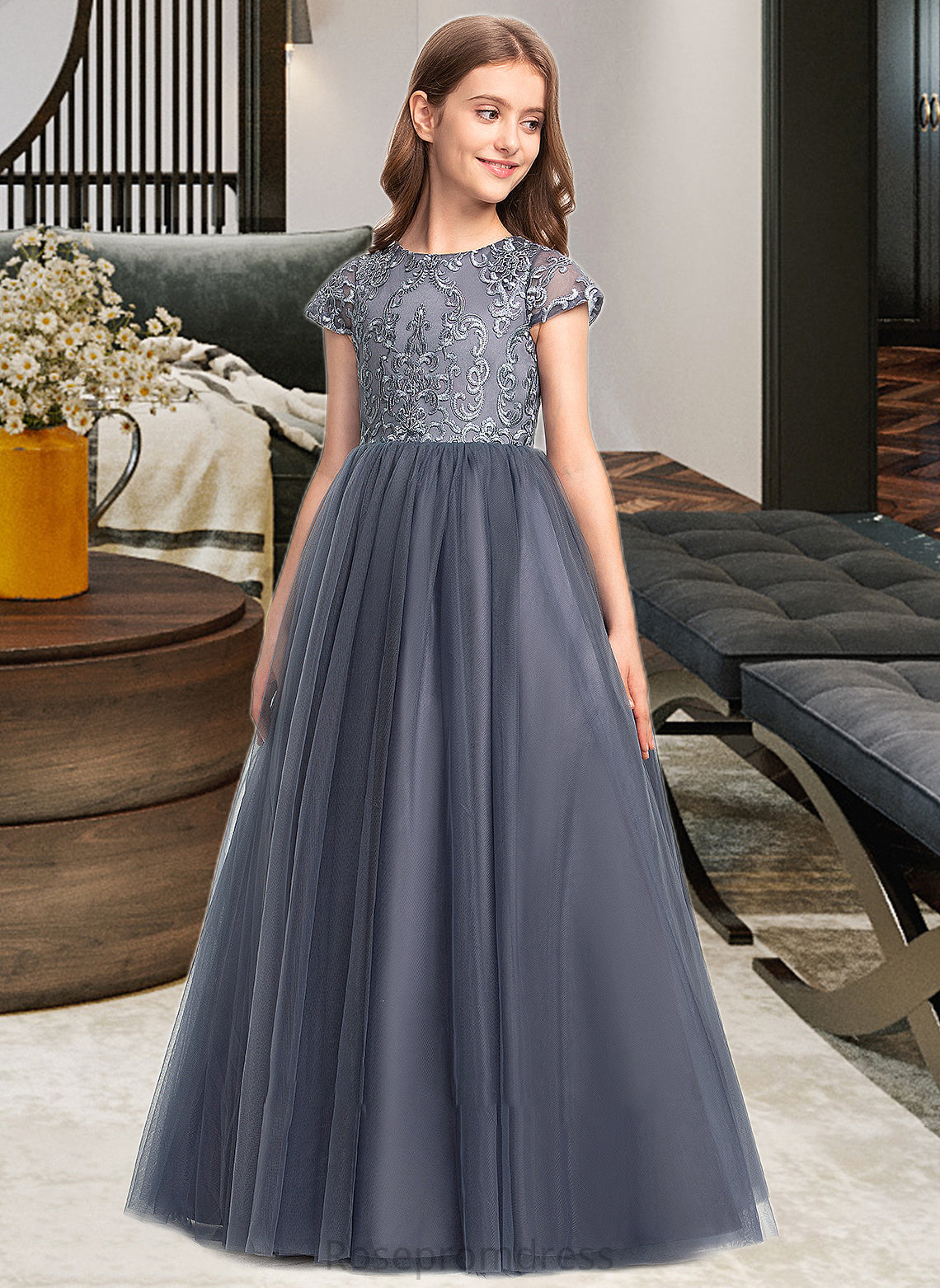 Phoenix Ball-Gown/Princess Scoop Neck Floor-Length Tulle Lace Junior Bridesmaid Dress SRSP0013578