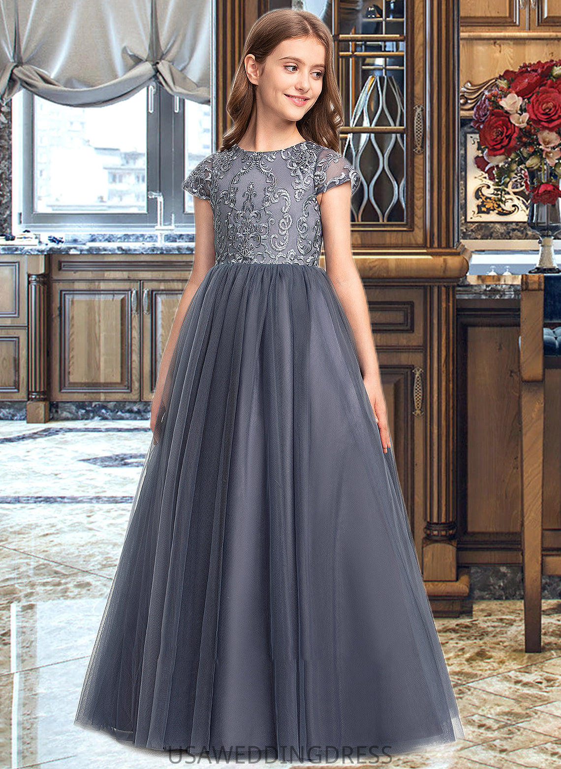 Isabella Ball-Gown/Princess Scoop Neck Floor-Length Tulle Lace Junior Bridesmaid Dress DSP0013578