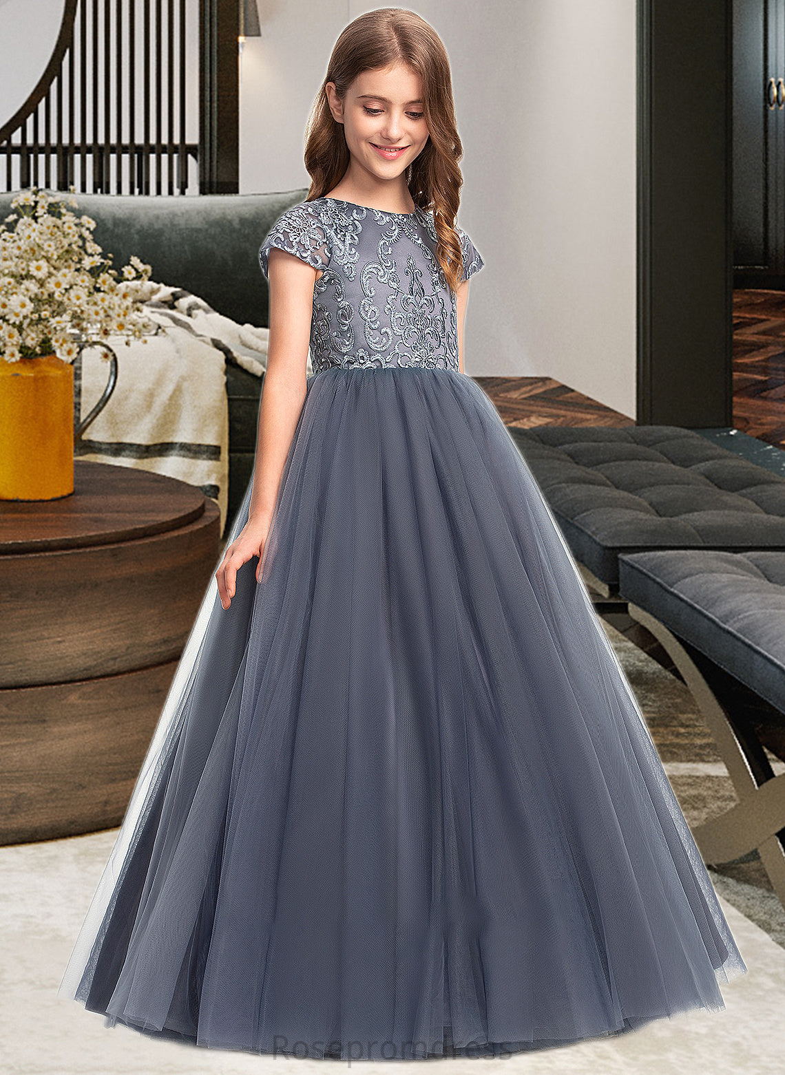 Phoenix Ball-Gown/Princess Scoop Neck Floor-Length Tulle Lace Junior Bridesmaid Dress SRSP0013578