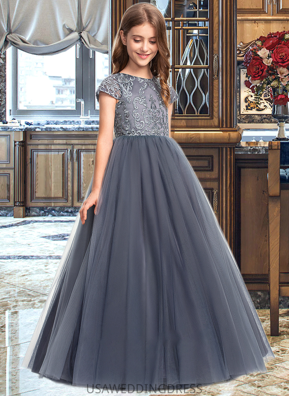 Isabella Ball-Gown/Princess Scoop Neck Floor-Length Tulle Lace Junior Bridesmaid Dress DSP0013578