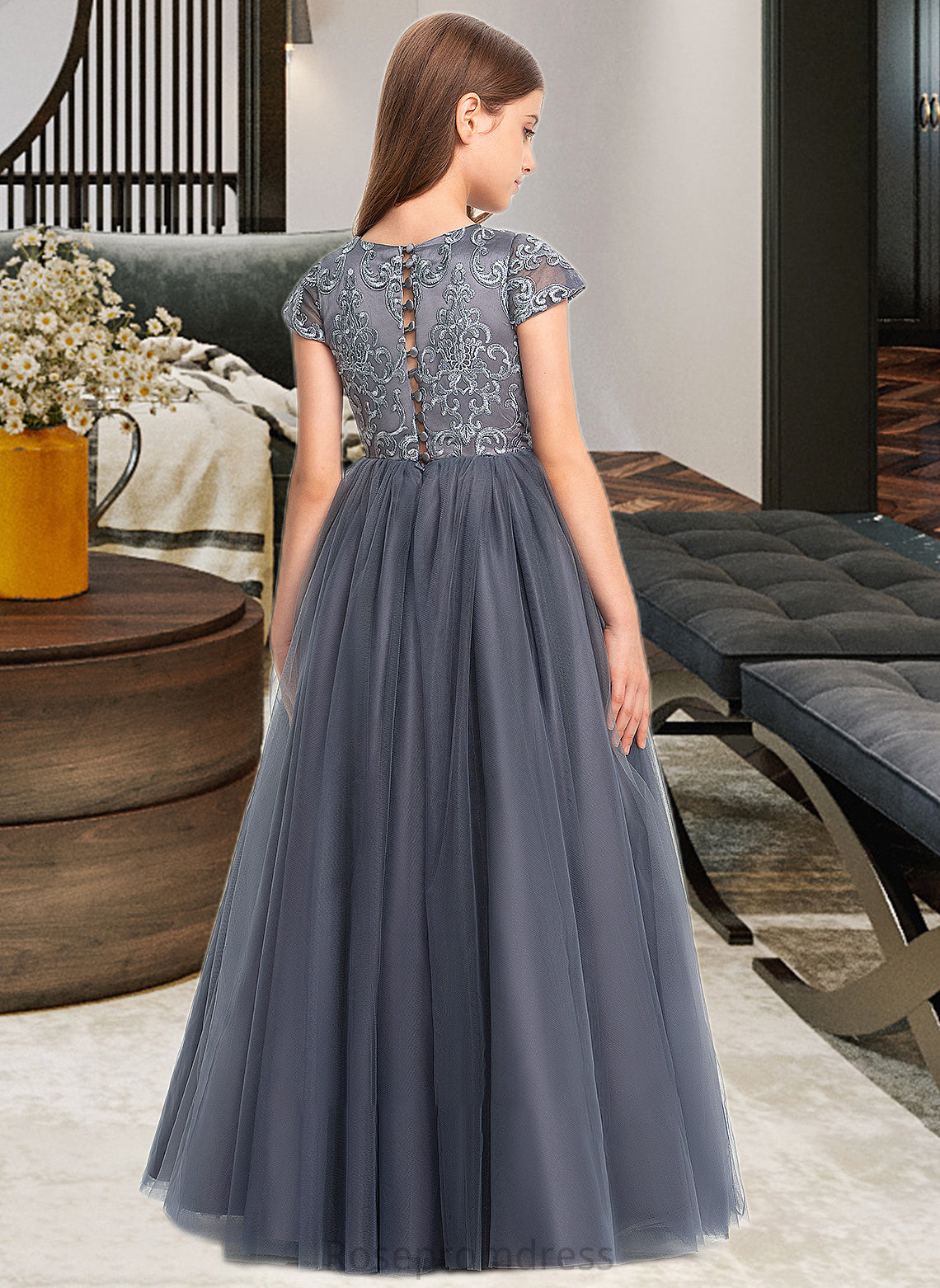 Phoenix Ball-Gown/Princess Scoop Neck Floor-Length Tulle Lace Junior Bridesmaid Dress SRSP0013578