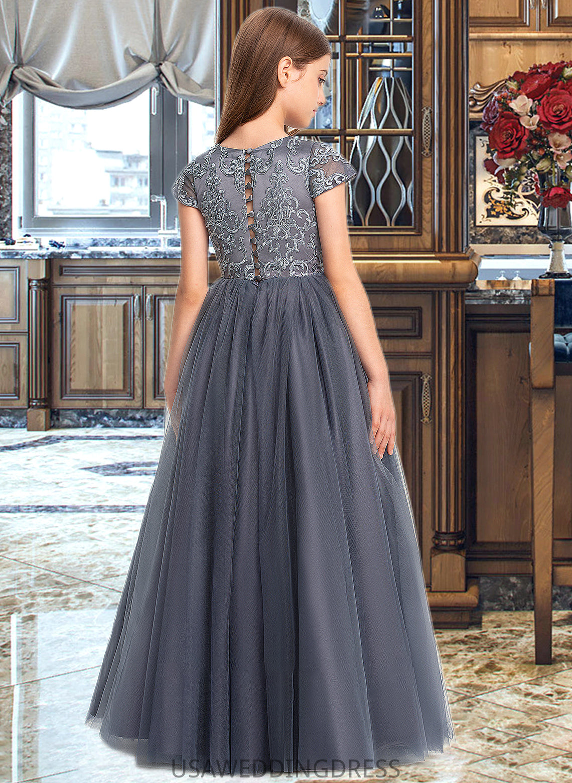 Isabella Ball-Gown/Princess Scoop Neck Floor-Length Tulle Lace Junior Bridesmaid Dress DSP0013578