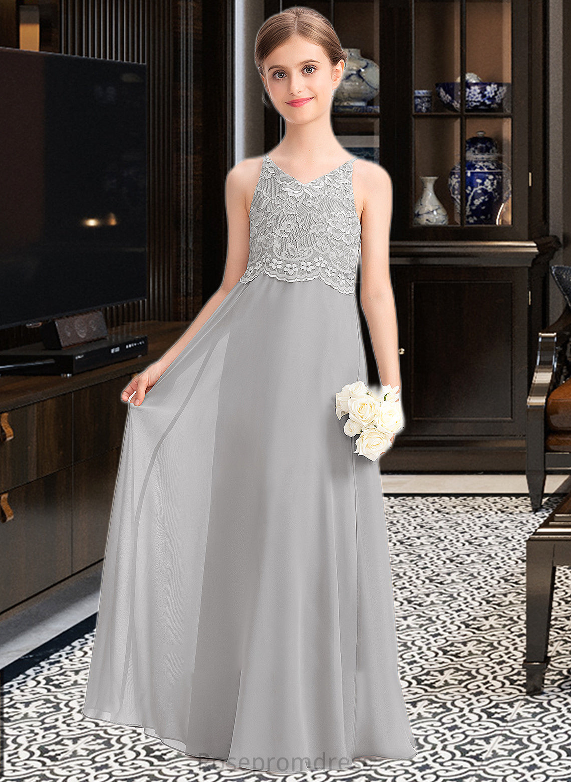 Amani A-Line V-neck Floor-Length Chiffon Lace Junior Bridesmaid Dress SRSP0013579