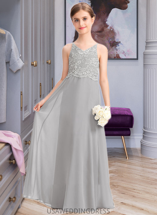 Alula A-Line V-neck Floor-Length Chiffon Lace Junior Bridesmaid Dress DSP0013579