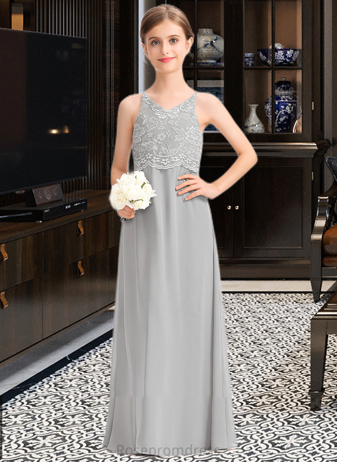 Amani A-Line V-neck Floor-Length Chiffon Lace Junior Bridesmaid Dress SRSP0013579