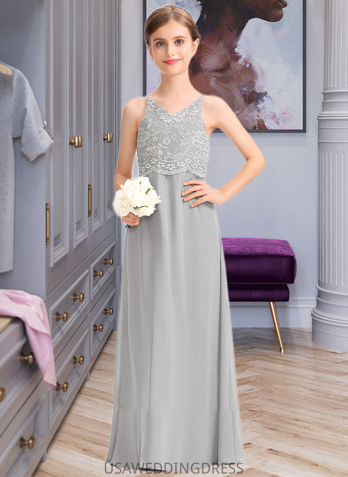 Alula A-Line V-neck Floor-Length Chiffon Lace Junior Bridesmaid Dress DSP0013579