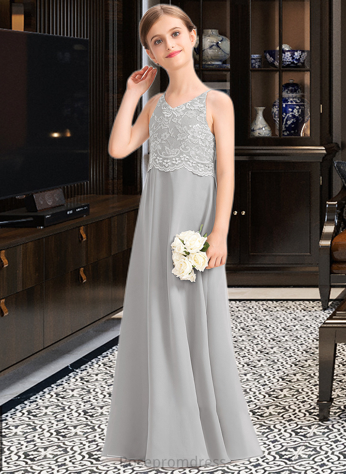 Amani A-Line V-neck Floor-Length Chiffon Lace Junior Bridesmaid Dress SRSP0013579