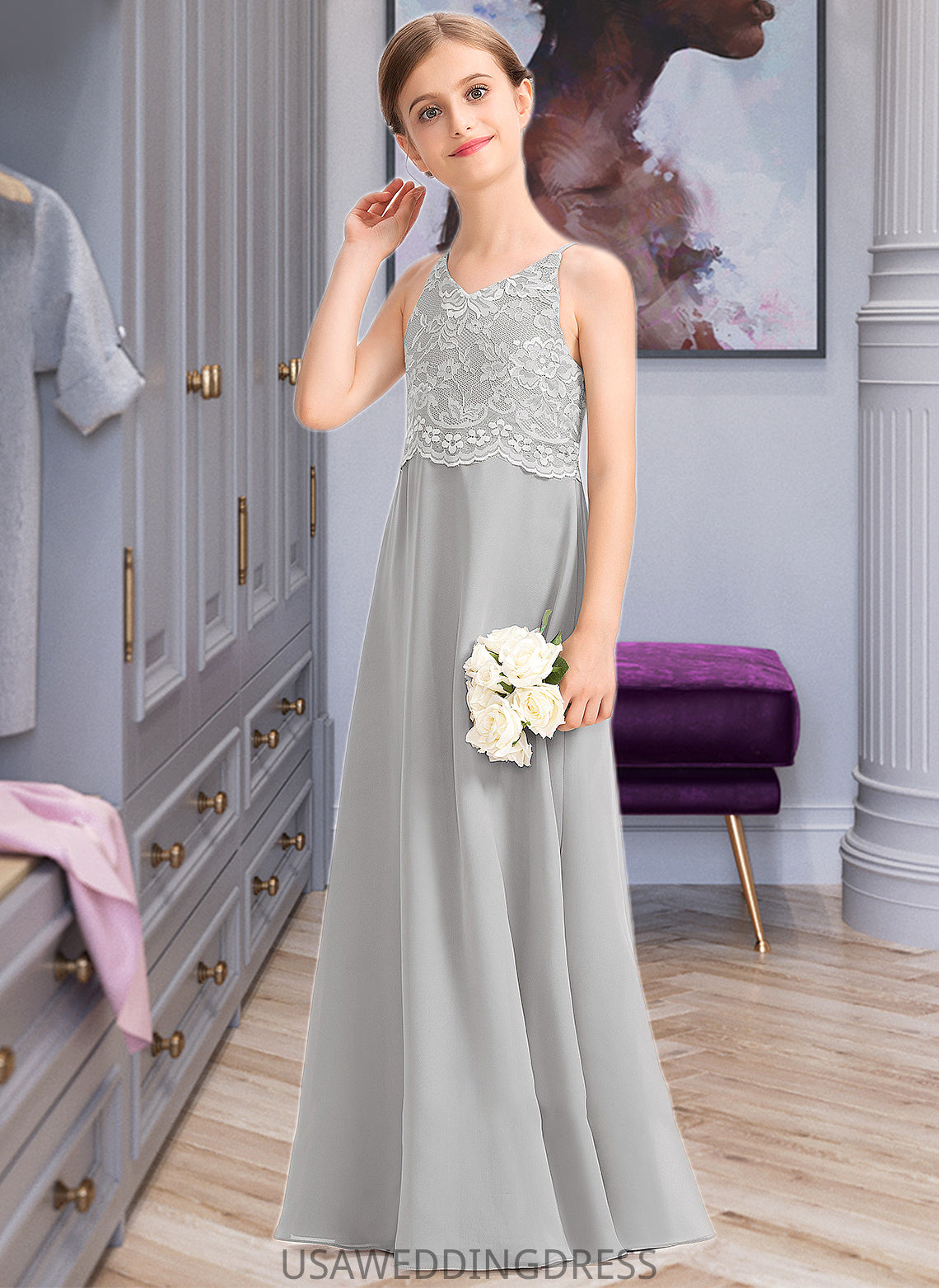 Alula A-Line V-neck Floor-Length Chiffon Lace Junior Bridesmaid Dress DSP0013579