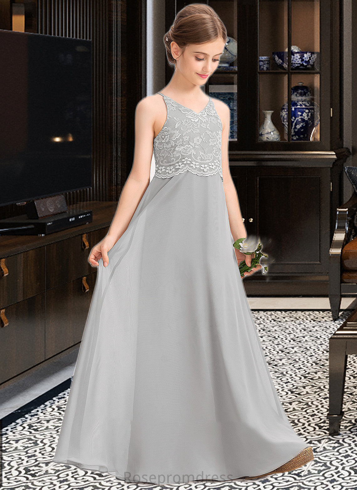 Amani A-Line V-neck Floor-Length Chiffon Lace Junior Bridesmaid Dress SRSP0013579