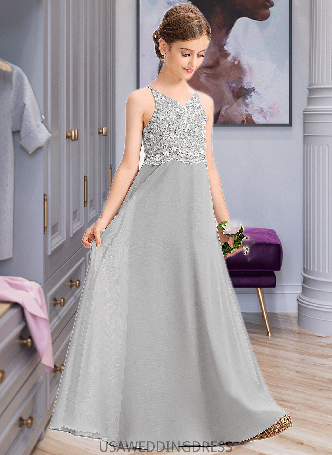 Alula A-Line V-neck Floor-Length Chiffon Lace Junior Bridesmaid Dress DSP0013579