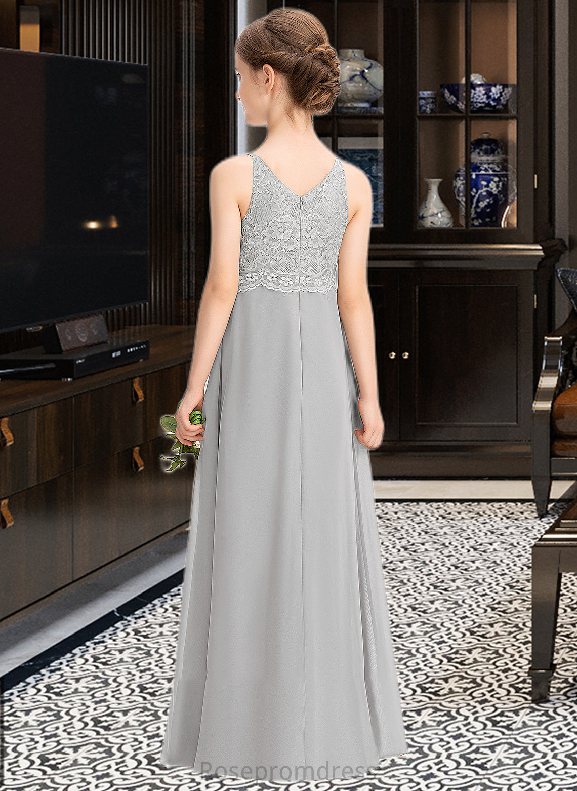 Amani A-Line V-neck Floor-Length Chiffon Lace Junior Bridesmaid Dress SRSP0013579