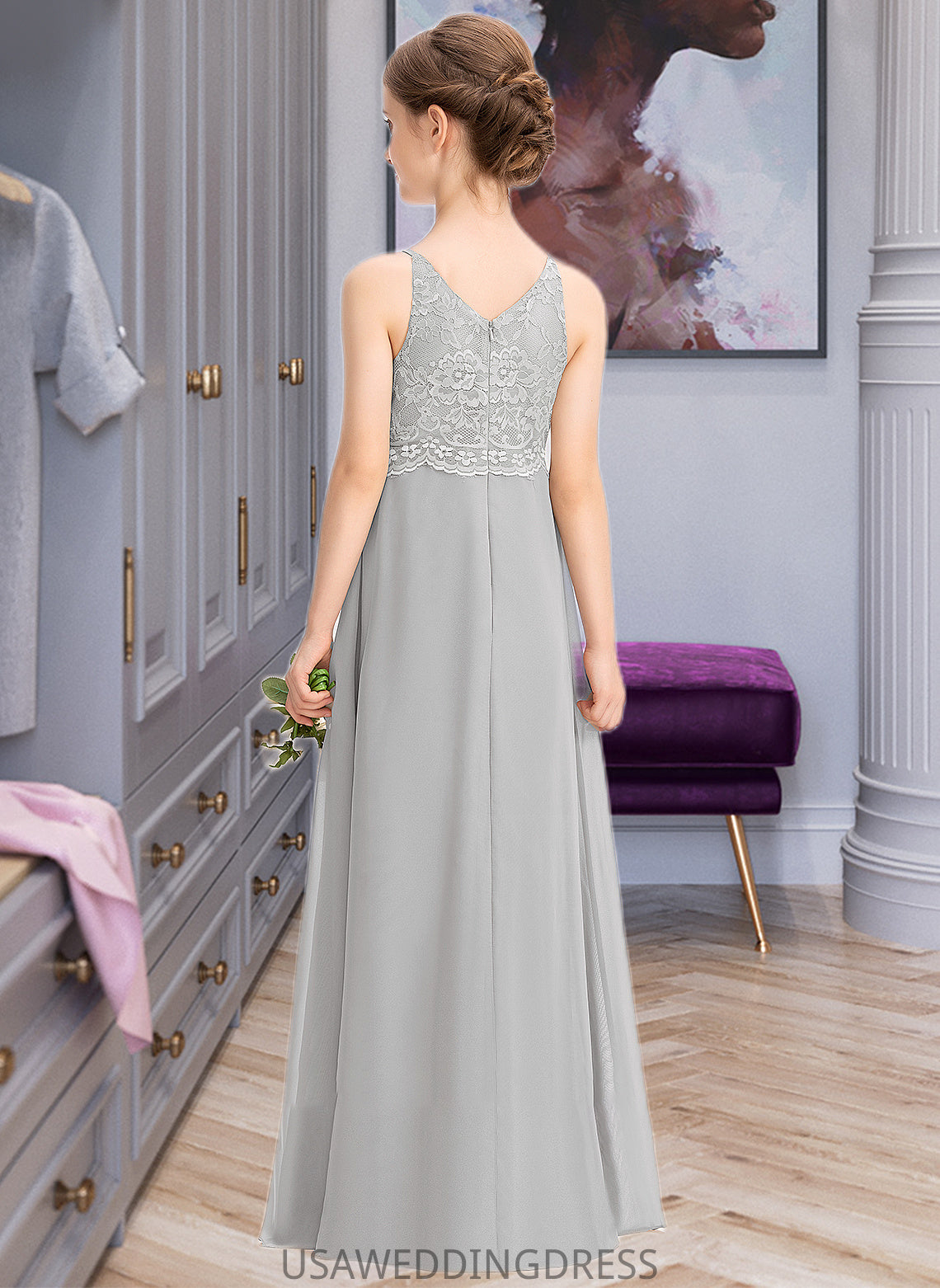 Alula A-Line V-neck Floor-Length Chiffon Lace Junior Bridesmaid Dress DSP0013579