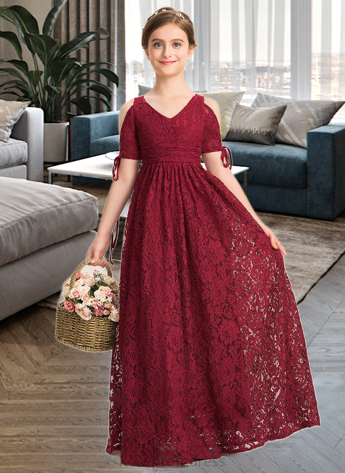 Braelyn A-Line V-neck Floor-Length Lace Junior Bridesmaid Dress With Ruffle Bow(s) SRSP0013581