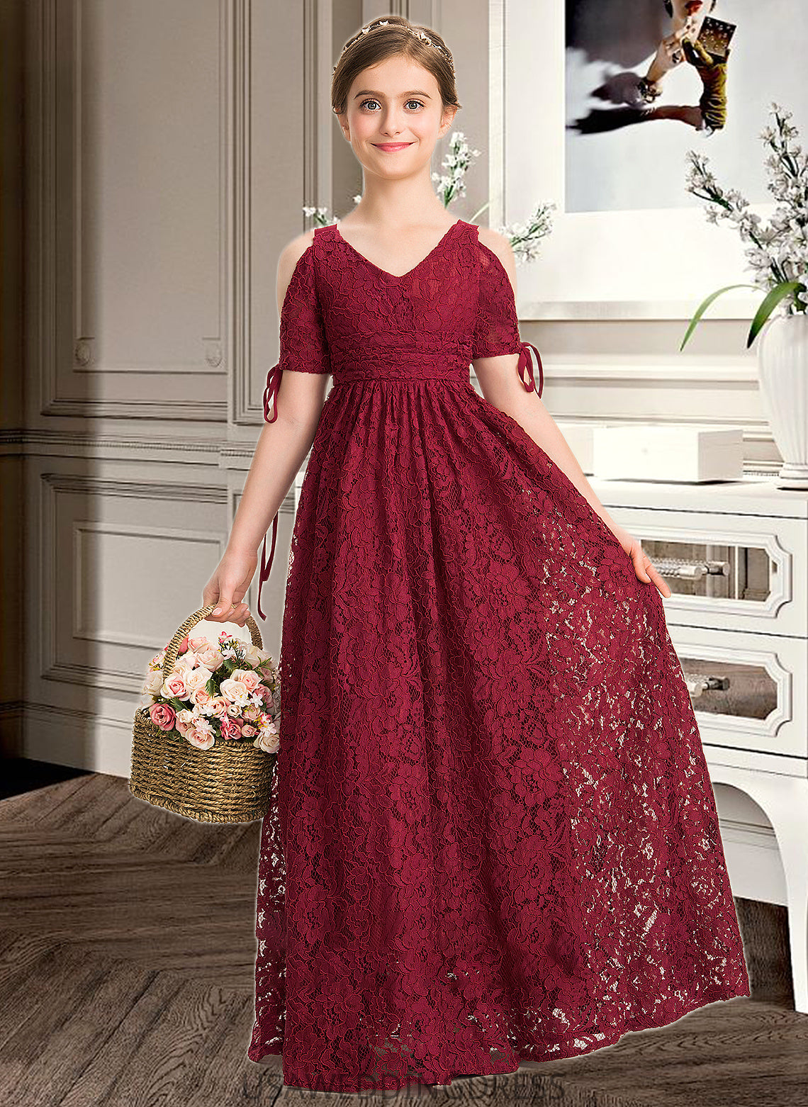 Madeleine A-Line V-neck Floor-Length Lace Junior Bridesmaid Dress With Ruffle Bow(s) DSP0013581