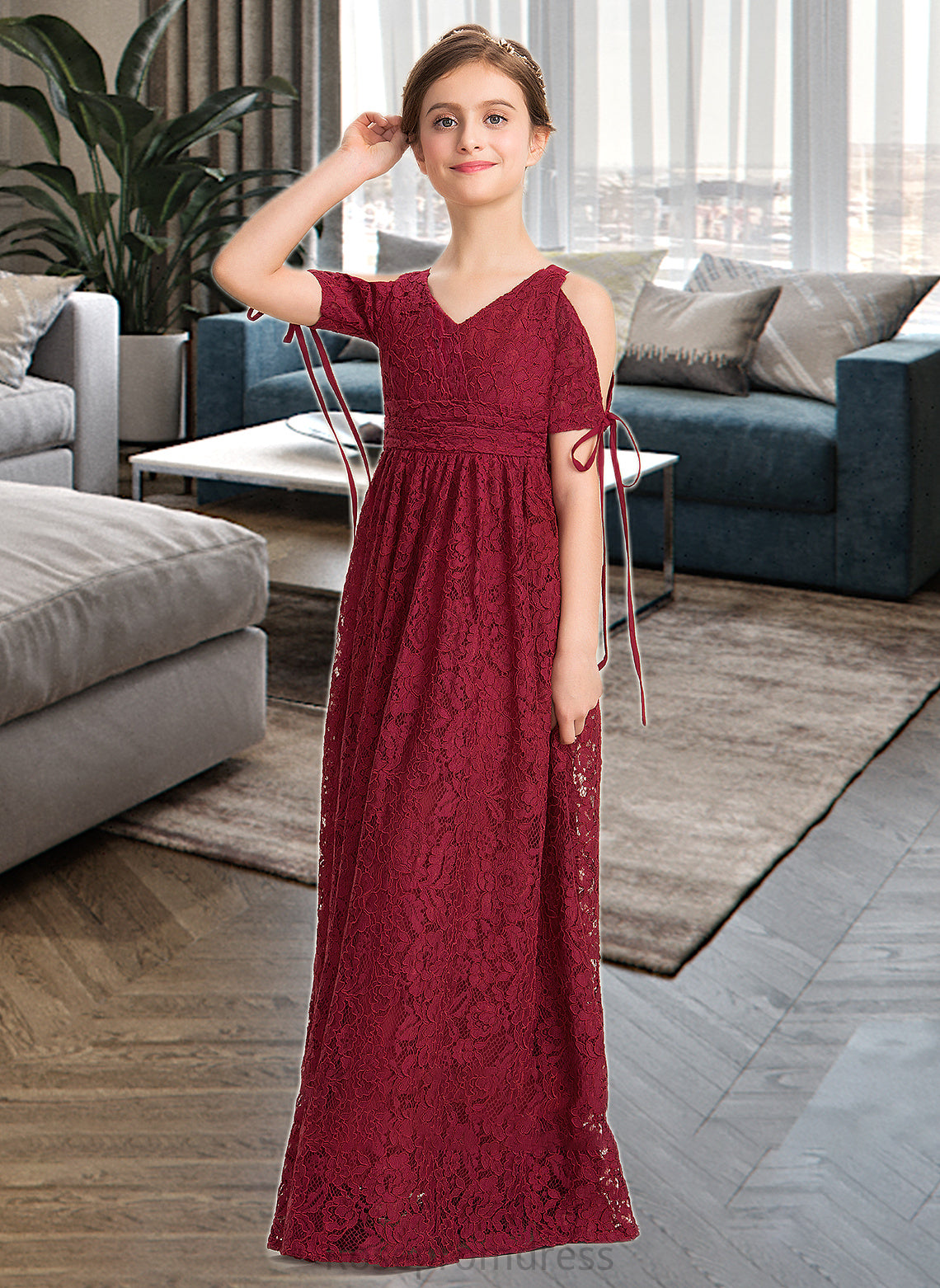 Braelyn A-Line V-neck Floor-Length Lace Junior Bridesmaid Dress With Ruffle Bow(s) SRSP0013581