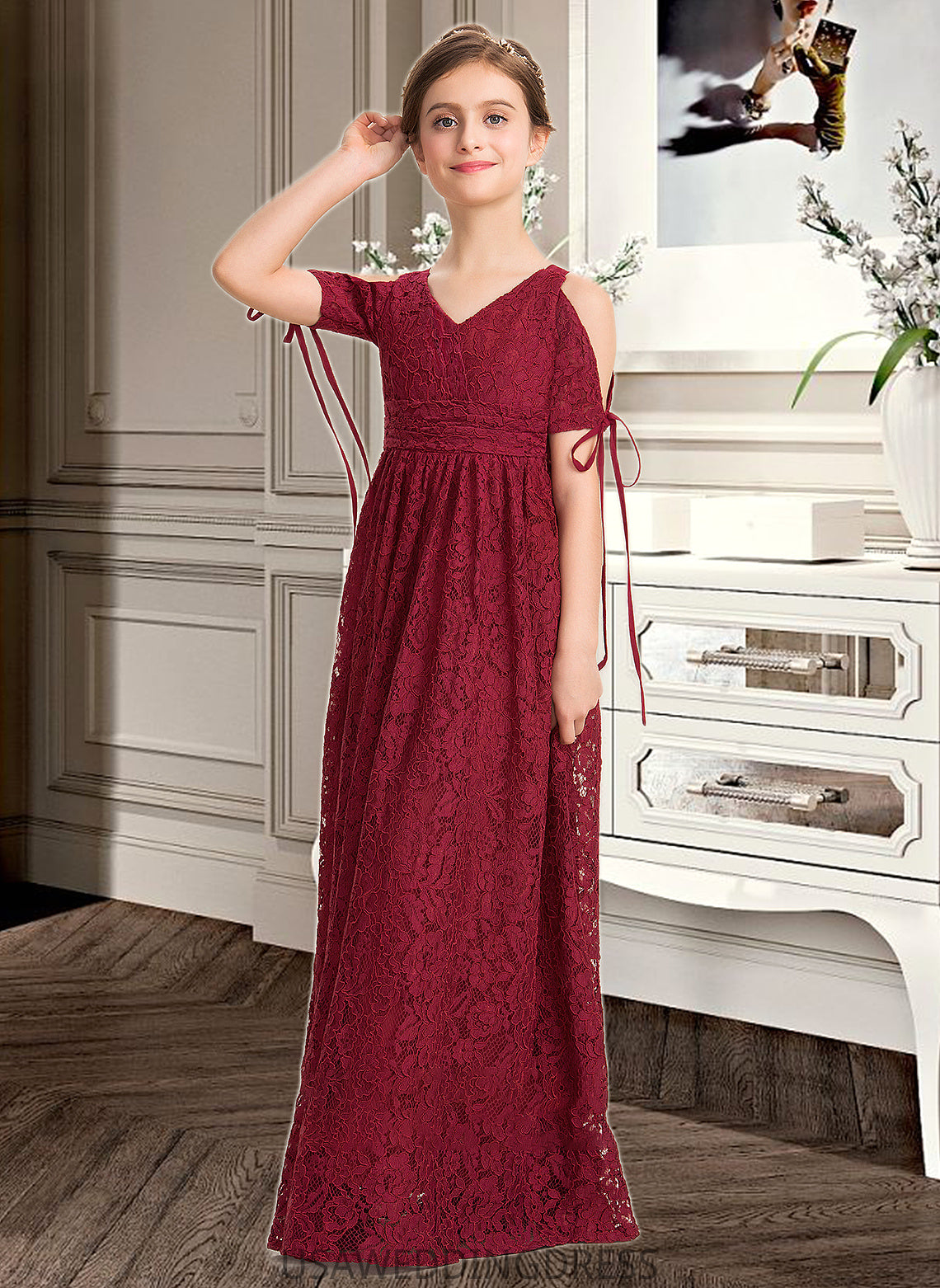 Madeleine A-Line V-neck Floor-Length Lace Junior Bridesmaid Dress With Ruffle Bow(s) DSP0013581