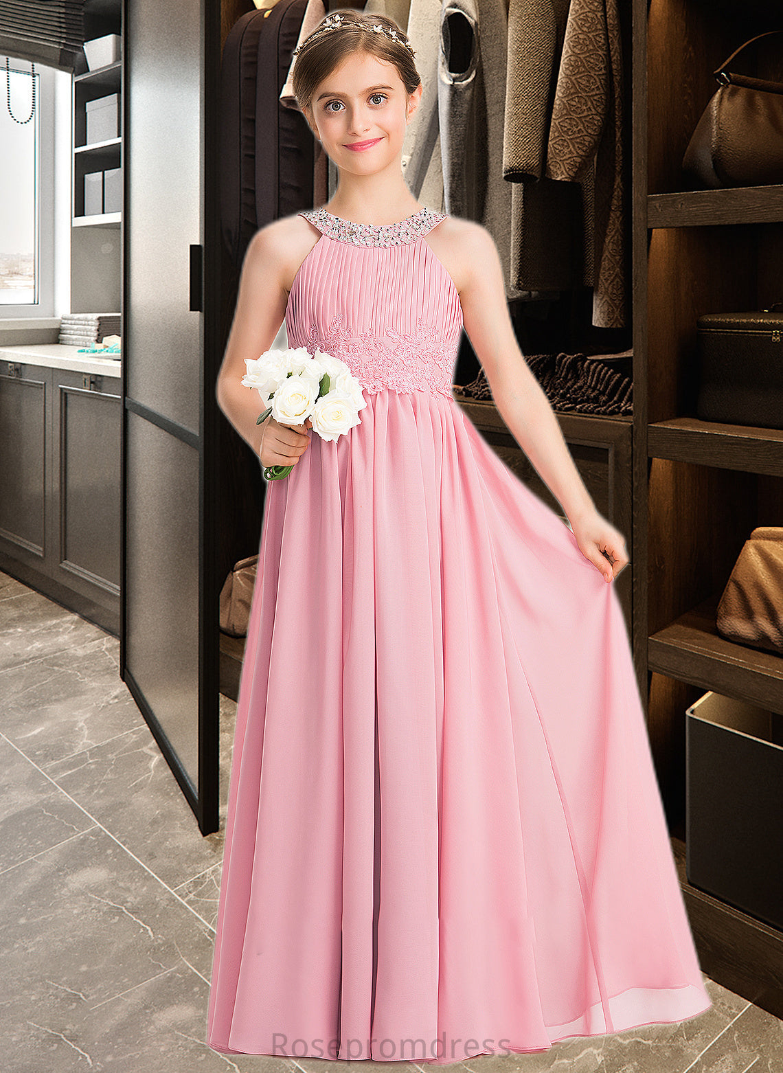 Ireland A-Line Scoop Neck Floor-Length Chiffon Lace Junior Bridesmaid Dress With Ruffle Beading Sequins SRSP0013582