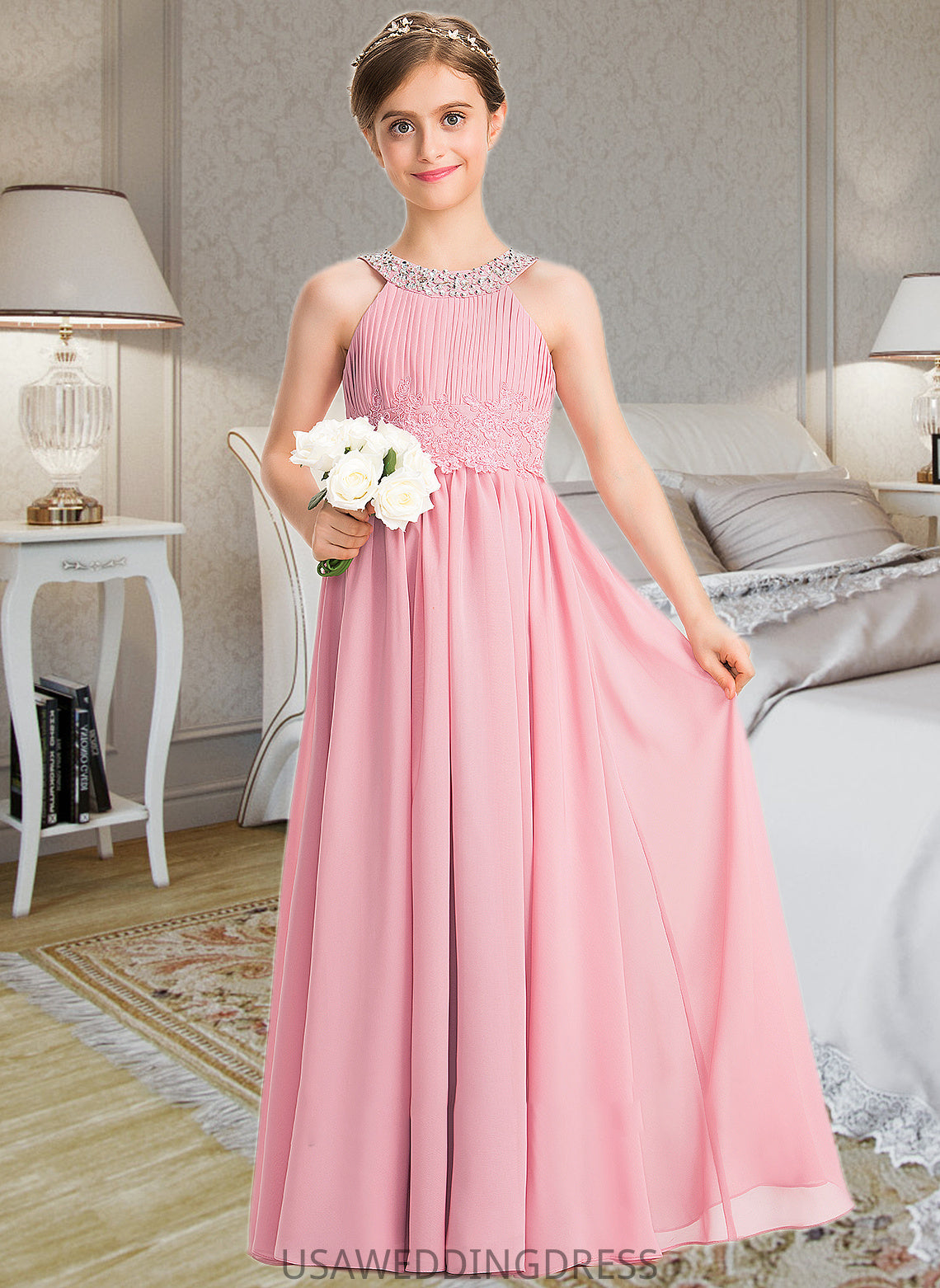 Emily A-Line Scoop Neck Floor-Length Chiffon Lace Junior Bridesmaid Dress With Ruffle Beading Sequins DSP0013582