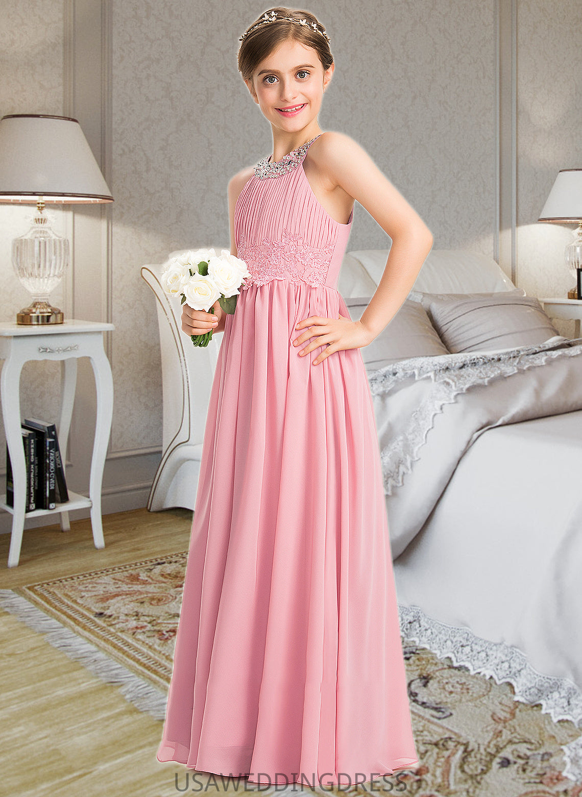 Emily A-Line Scoop Neck Floor-Length Chiffon Lace Junior Bridesmaid Dress With Ruffle Beading Sequins DSP0013582