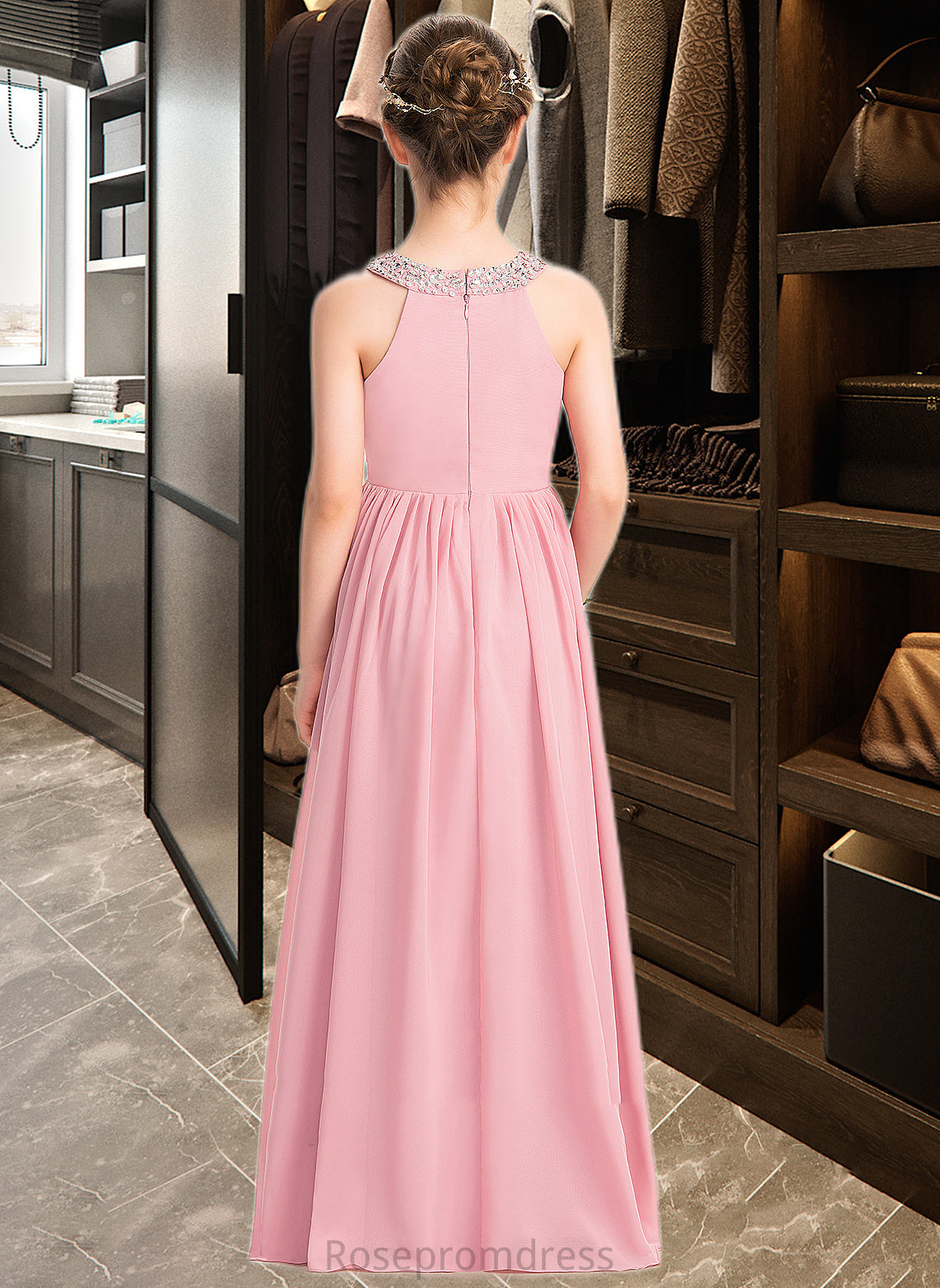 Ireland A-Line Scoop Neck Floor-Length Chiffon Lace Junior Bridesmaid Dress With Ruffle Beading Sequins SRSP0013582