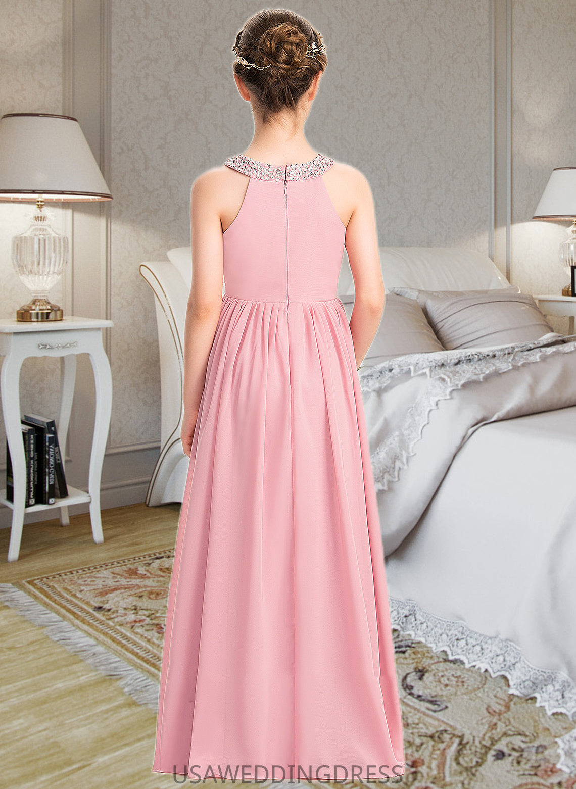 Emily A-Line Scoop Neck Floor-Length Chiffon Lace Junior Bridesmaid Dress With Ruffle Beading Sequins DSP0013582