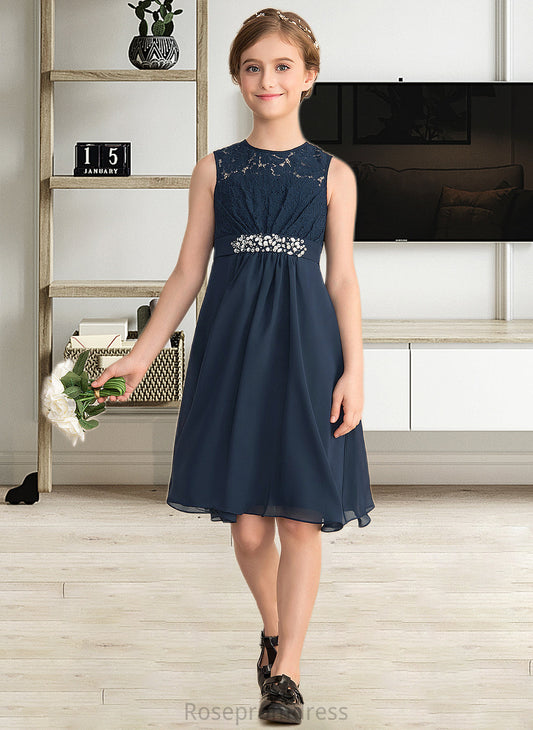 Trinity A-Line Scoop Neck Knee-Length Chiffon Lace Junior Bridesmaid Dress With Beading Sequins Bow(s) SRSP0013583