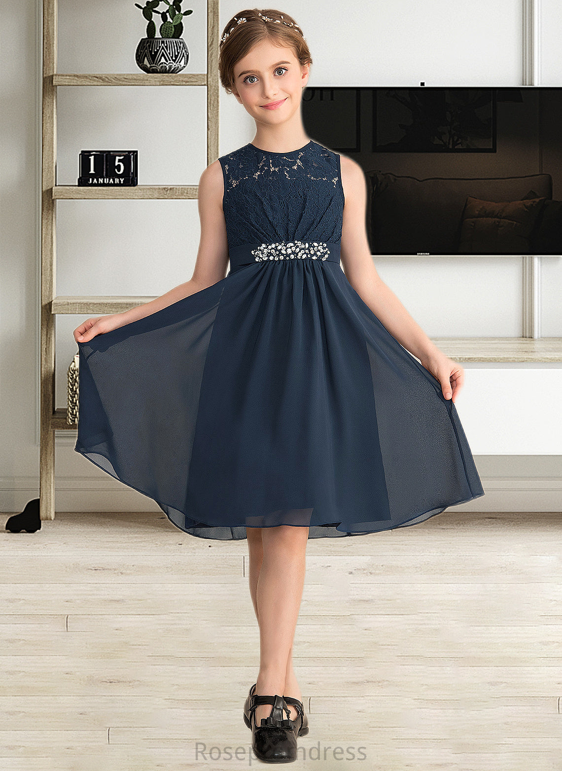 Trinity A-Line Scoop Neck Knee-Length Chiffon Lace Junior Bridesmaid Dress With Beading Sequins Bow(s) SRSP0013583