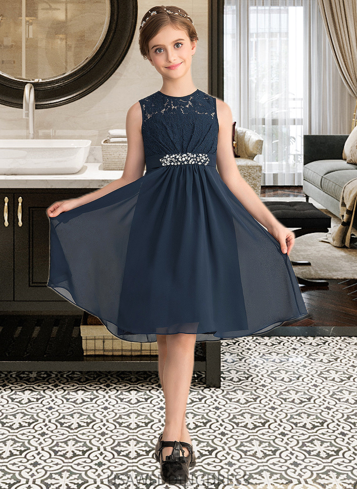 Karla A-Line Scoop Neck Knee-Length Chiffon Lace Junior Bridesmaid Dress With Beading Sequins Bow(s) DSP0013583