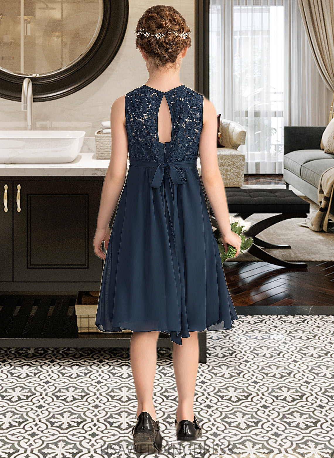 Karla A-Line Scoop Neck Knee-Length Chiffon Lace Junior Bridesmaid Dress With Beading Sequins Bow(s) DSP0013583