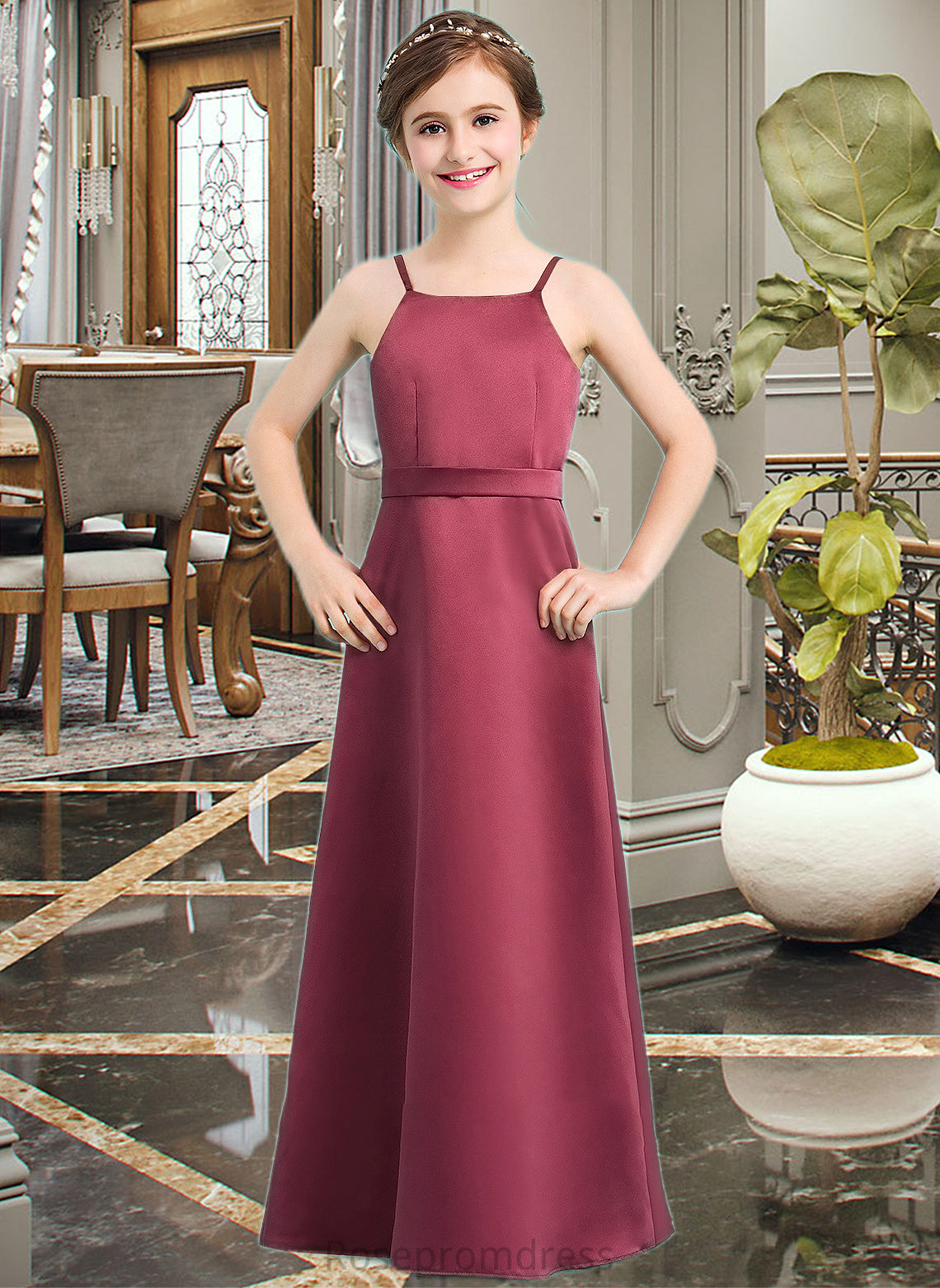 Elizabeth A-Line Square Neckline Floor-Length Satin Junior Bridesmaid Dress With Bow(s) SRSP0013585