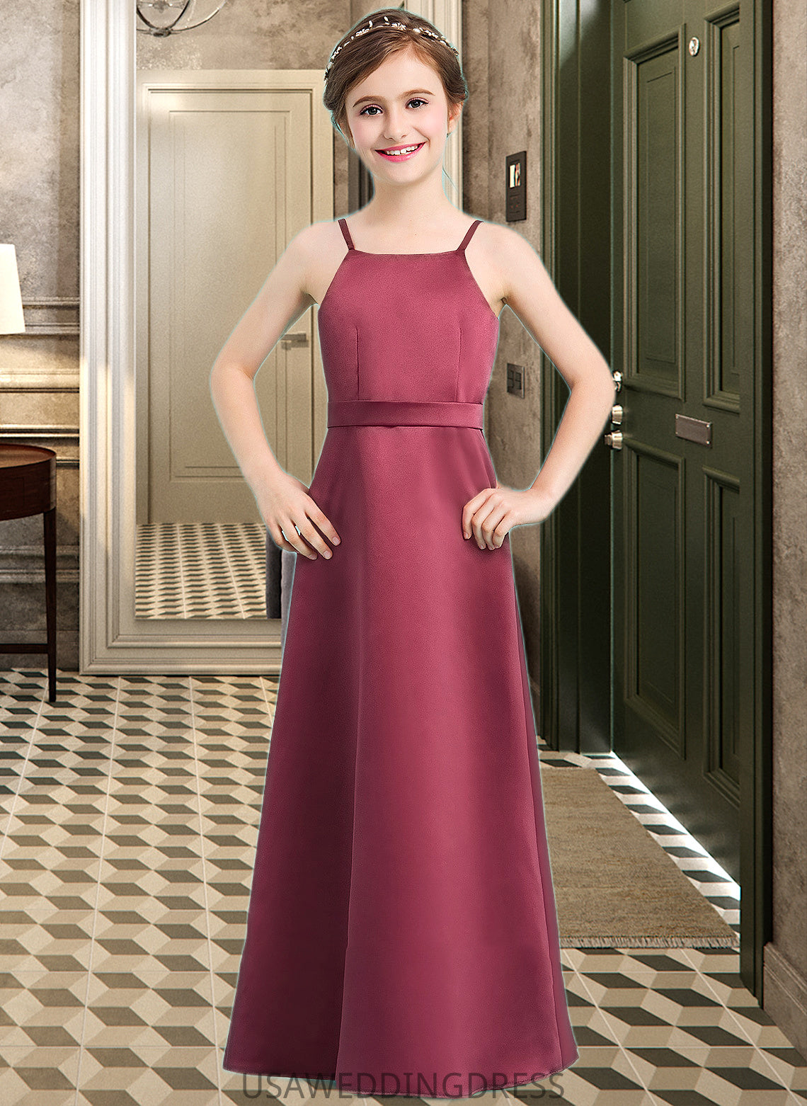 Leyla A-Line Square Neckline Floor-Length Satin Junior Bridesmaid Dress With Bow(s) DSP0013585