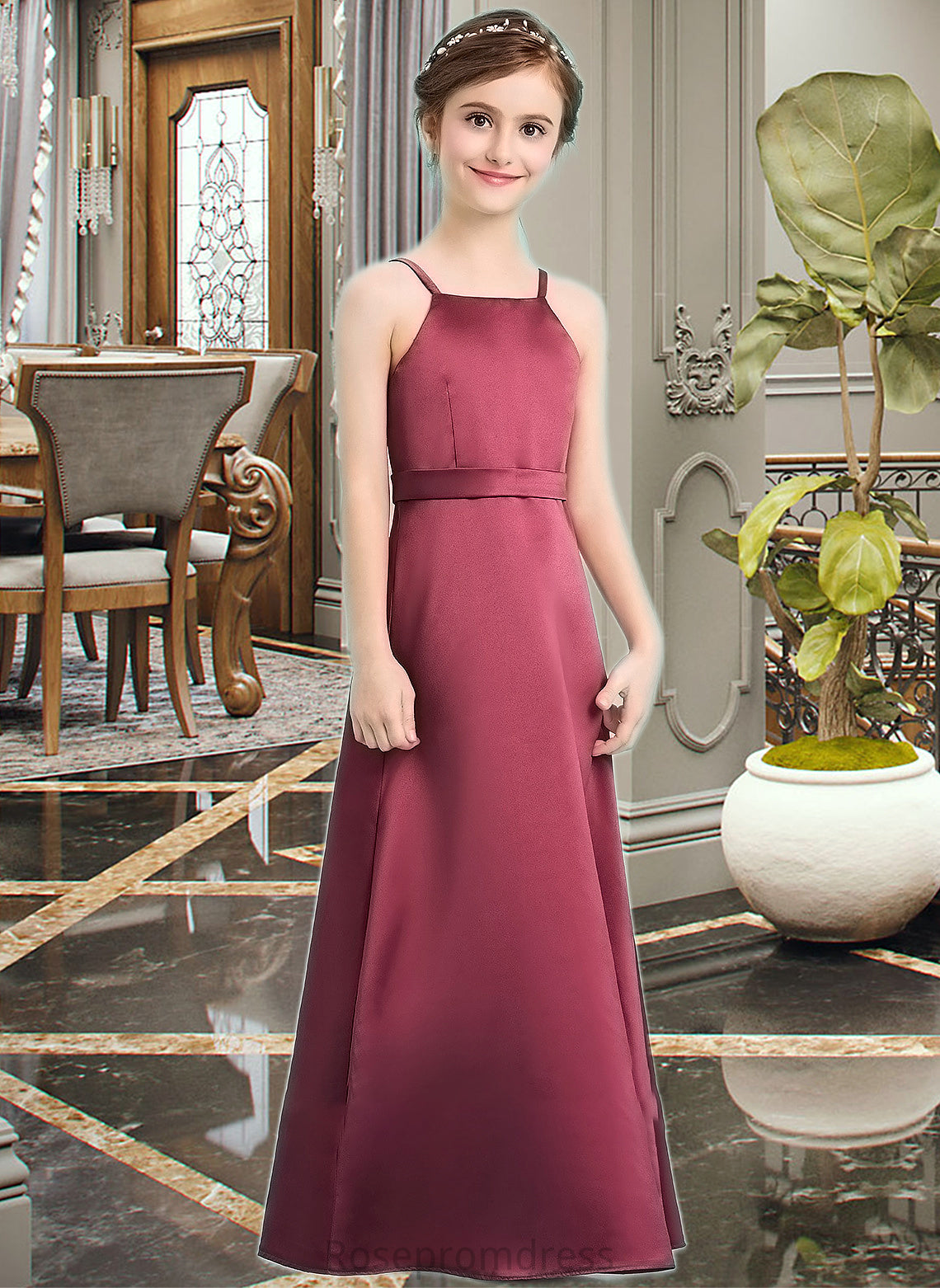 Elizabeth A-Line Square Neckline Floor-Length Satin Junior Bridesmaid Dress With Bow(s) SRSP0013585