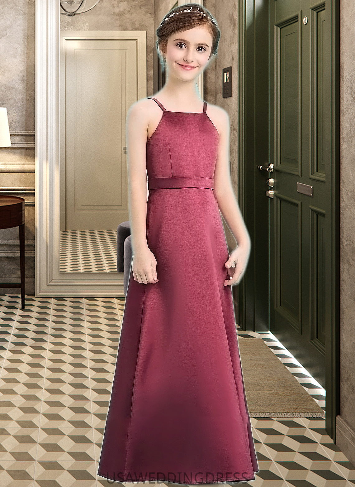 Leyla A-Line Square Neckline Floor-Length Satin Junior Bridesmaid Dress With Bow(s) DSP0013585