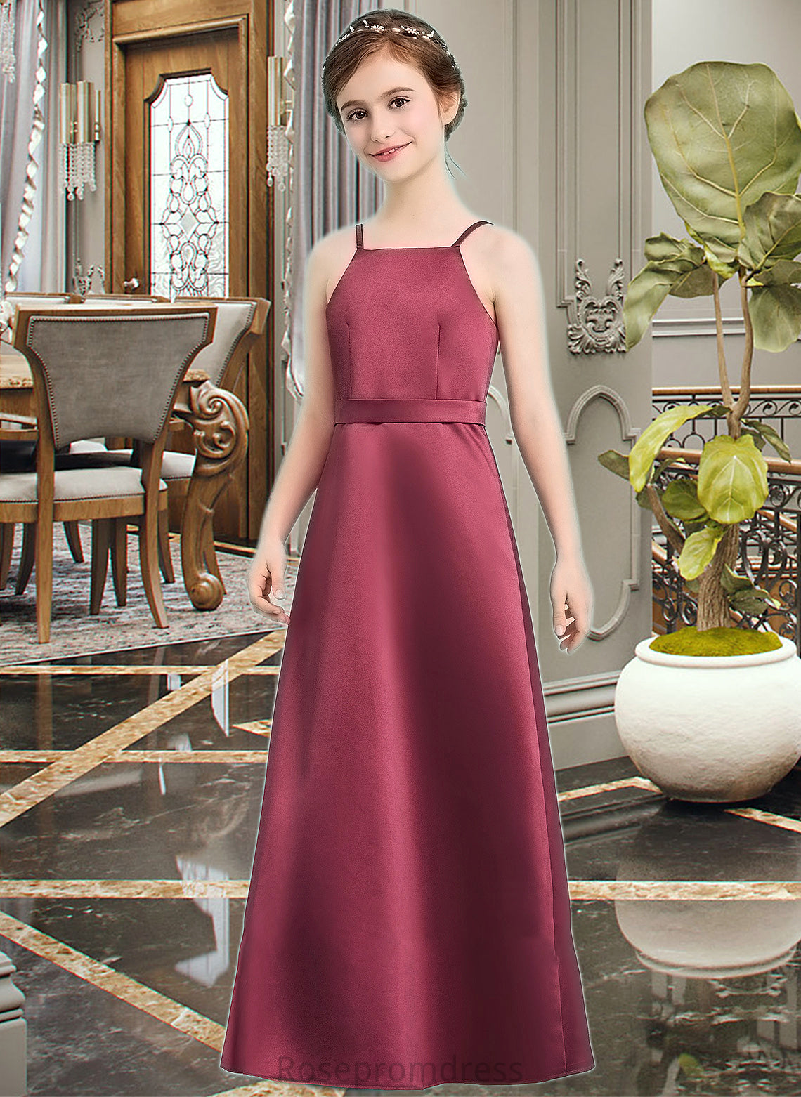 Elizabeth A-Line Square Neckline Floor-Length Satin Junior Bridesmaid Dress With Bow(s) SRSP0013585