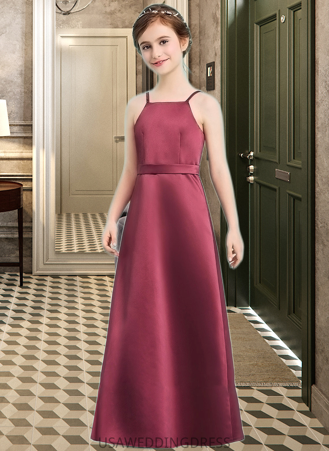 Leyla A-Line Square Neckline Floor-Length Satin Junior Bridesmaid Dress With Bow(s) DSP0013585