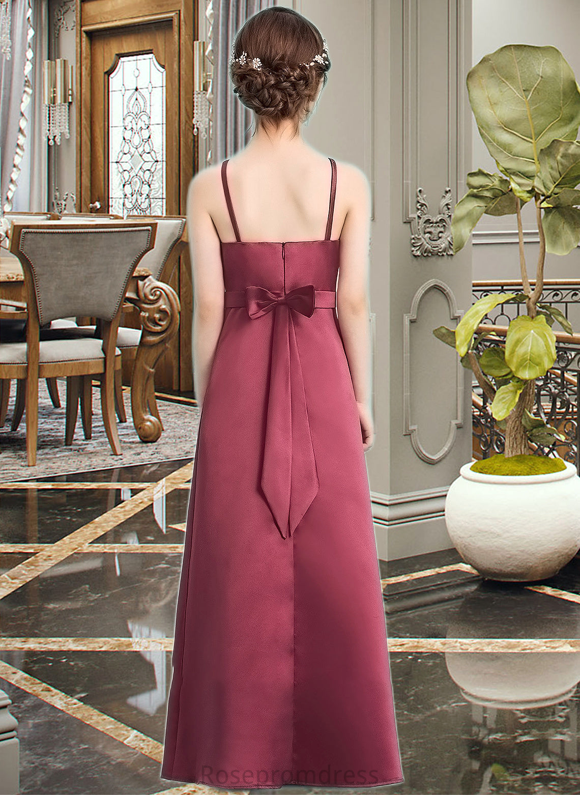 Elizabeth A-Line Square Neckline Floor-Length Satin Junior Bridesmaid Dress With Bow(s) SRSP0013585