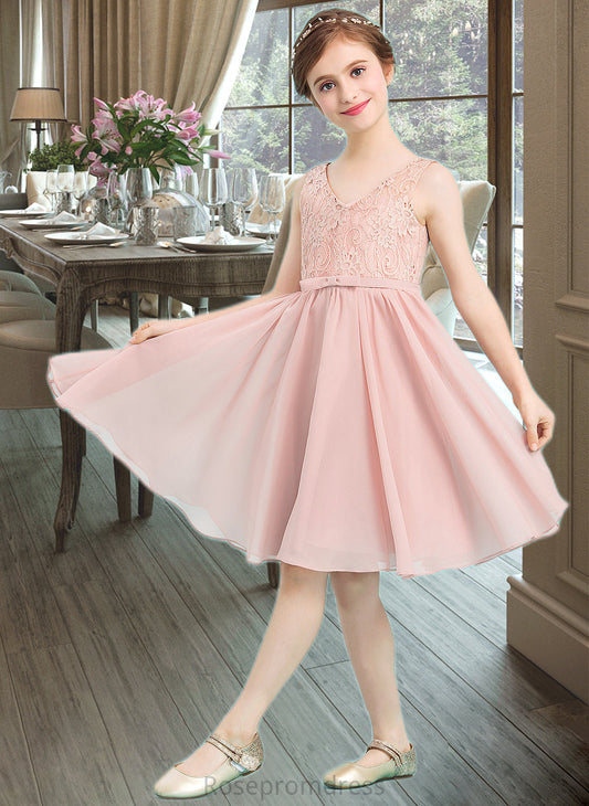 Claire A-Line V-neck Knee-Length Chiffon Junior Bridesmaid Dress With Bow(s) SRSP0013586